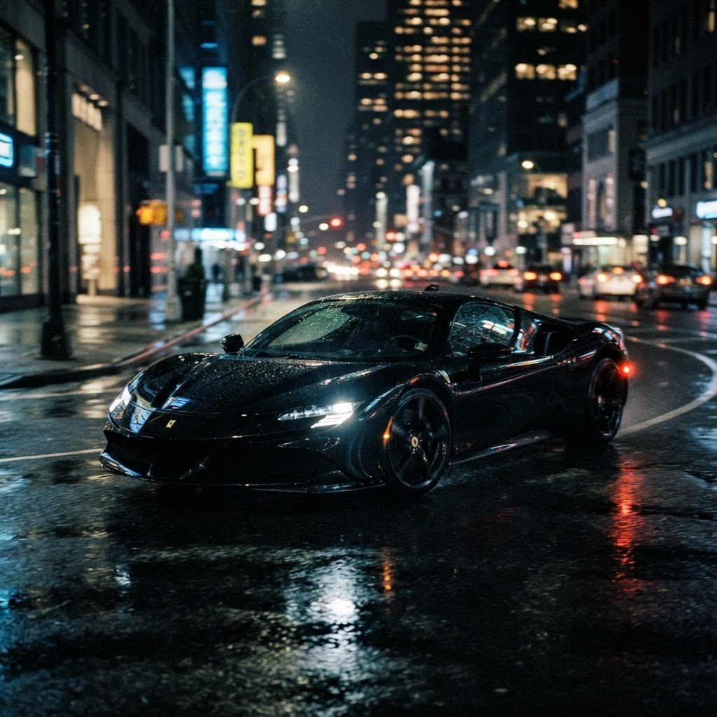 Black modern turbocharged supercar at night