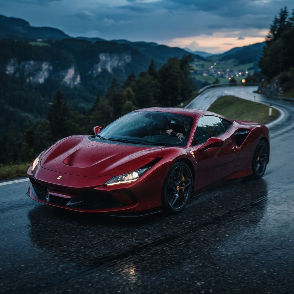 Deep red mid-engine V12 supercar on wet asphalt at dusk, three-quarter front view